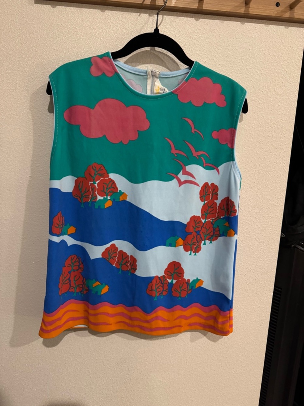 Vintage Artistic Sleeveless Scenic Print Top in Teal and Blue
